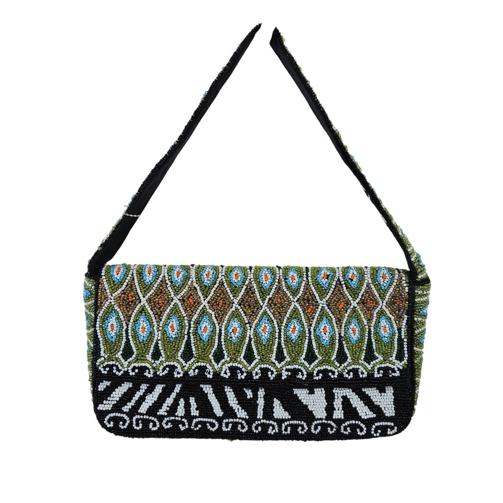 Cache Vintage Beaded Zebra Geometric Shoulder Bag Black White Green Y2K Small